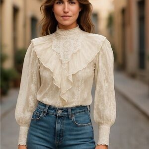 Stitches Cream Lace Ruffle Blouse